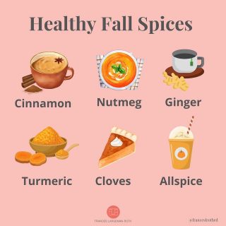 USE THESE FALL 🍁 SPICES
Happy Sunday! In case you’re doing some #mealprep, here’s a little tutorial on all the healthy fall spices. Spices may just be a small percentage of a recipe, but they can provide a HUGE health boost:
Cinnamon: What a super ⭐️ This spice has antioxidant, anti-fungal, antibacterial and anti-inflammatory properties.  Add it to your hot cocoa 🍫 
Ginger: great for immunity, digestion, inflammation, GI relief (nausea, 🤮diarrhea, bloating, gas). Make a ginger tea 🫖 by adding fresh slices to hot 💦 
Turmeric: this golden 🧡 goddess’  benefits are attributed to curcumin, which acts as an antioxidant, and fights inflammation 🔥, arthritis, digestive disorders, respiratory infections, allergies, liver detoxification, 😟 and depression. Toss with root veggies 🥕 and roast @400.
Cloves: Helps stabilize 🩸 sugar levels (thanks to manganese content), anti-bacterial, anti-inflammatory, aids in digestion, improves 🦴 health. add to 🎃 🥧 and other baked goods 😋
Allspice: anti-inflammatory, aids in digestion and gut health, rich in antioxidants, promotes🧠 health due to folate, vit B9 and vit A content. Add to smoothies and hot drinks ☕️ 
Nutmeg: anti-inflammatory, anti-oxidant, promotes digestion, anti-bacterial properties (good for 👄 health), and skin health 💄 Add to butternut squash and 🎃 dishes
What’s your fave 🍁 spice? I’m a big  fan of cloves. Grab my recipe for Maple-Pumpkin Muffins 👆 which include both cloves & cinnamon 😋
#naturalhealth 
#fallspices 
#fallfoods 
#fallflavors 
#cinnamon 
#nutmeg 
#ginger 
#naturalremedies 
#turmeric 
#cloves 
#allspice 
#butternutsquash 
#pumpkinrecipes