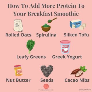 + MORE PROTEIN TO SMOOTHIES 👍
You know I ❤️ #smoothies and of course, I also ❤️ #protein. You don’t always need to focus on making sure your smoothie is protein-packed, but if you’re using it to fuel ⛽️ up #postworkout or as a meal, you’re gonna want to boost that protein 💪🏼 
Here are 8 😋 ways to do that! 
Oats: not only do oats thicken up your smoothie, 1/2 cup adds 6g of protein, plus fiber 💩 
Spirulina: 1 T adds 4g protein, plus a vibrant dose of color 💚 
Silken tofu: This add in blends up super creamy and 3 oz adds 4g of high quality 🌱 protein 
🥬: Leafy greens like kale or spinach pump up the protein by about 1g/cup
Greek yogurt: This power-packed addition boosts ⚡️ your smoothie by a whopping 17g per 3/4 cup, and adds a hefty dose of calcium for strong 🦴 
Nut butters: Add 7-8g protein with 2 T almond or 🥜 butter, respectively 😋 
Seeds: These tiny beauties are a great way to add more protein to anything. 2 T chia adds 5g, while 3 T hemp boosts your smoothie by 10g
Cacao nibs: 🍫 These crushed cocoa beans provide 4g of protein in 3T, plus plenty of crunch! 
What’s your fave protein booster foods smoothies? I’m a nut butter and chia gal 😋
Get more tips like this in my free SUMMER FITNESS 🏃🏿‍♂️ TOOLKIT. Grab the download link 👆 
#smoothietime 
#smoothietips 
#proteinboost 
#plantprotein 
#proteintips 
#chia 
#hemp 
#tofu 
#spirulina 
#nutbutter 
#greekyogurt 
#rolledoats 
#cacaonibs 
#flrnutrition 
#postworkout 
#nutritionpro