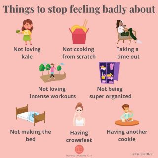 🛑 FEELING BAD ABOUT THESE! 
In a 🌎 where we have constant messages on social media and other media that you’re not doing things right, it can feel like every habit you have is a bad one. I’m here to tell you that “perfection” isn’t the goal. Happiness and overall health and wellness is. So here are a few things you can 🛑 feeling badly about:
Not 🥰 🥬: There are plenty of other healthy veggies 🥕 🥦 🥗 to 💚 
Not cooking from scratch: Yes, it saves you 💰 and is a great way to eat healthy, but you can eat well without 🧑‍🍳 if it’s not your thing
Taking a time out: Moms—I know you’ve done this before! Do not feel badly about taking 20 or more to cool out and take a mental health break 🧘🏻‍♀️ 
Not loving 🏃🏿‍♂️ or intense 🏋🏼‍♀️: I have so many friends who have “confessed” to me that they just hate all the jumping and 😓 of intense exercise. That’s OK! You can still do a lot of good for your ❤️ and 💪🏼 with walking 🚶‍♀️ 🧘‍♂️ Pilates and more
Not being Marie Kondo: I know that IG is full of images of perfect kitchens and color-sorted 📚 shelves, but not everyone has the time or inclination to do that. Or, you might want to get super organized, but you have 👧🏼 in the 🏡 who mess it up right away, so why bother? You are still a good 😊 person if you’re not super organized 👍 
Not making your 🛌: This one kind of goes along with the last one. Yes—it’s definitely a nice way to start the day, but if you do t make the 🛌 you can still have a productive day 😉 
Having wrinkles: Sure, you dwell on the fact that you should have worn more sunscreen 🧴 in the ‘90s, but don’t beat yourself up about it. You’ve lived life. And if you want to get Botox, I’m here for it
Having another 🍪: Because in these times, sometimes one 🍪 isn’t enough. 
What are you going to 🛑 feeling badly about today?
#wellnesstips 
#stressless 
#takeatimeout 
#stopbeingaperfectionist 
#haveacookie 
#notmariekondo 
#hatetosweat 
#stopfeelingbad 
#youdoyouboo 
#reallifemom 
#realitycheck
#gentlefitness 
#gentleexercise