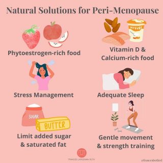 🌱 NATURAL WAYS TO DEAL: PERI-MENOPAUSE EDITION 😫
I realize that this graphic shouldn’t say “solutions” because it’s not like you can solve peri-menopause. It’s about alleviating symptoms and using natural strategies that can help you feel a little better. 
I am SO happy that more of us are talking about this period of life because it happens to 50% of the population, yet it’s misunderstood and no one seems to feel comfortable with it. But it’s #worldmenopausemonth, so it’s time to share some truths:
💖 Peri-Menopause is a natural process that happens when estrogen and progesterone start to 👇 or ovaries are removed
💖 Most often it starts around 40-44 
💖 peri-menopause can last for 10 years before menopause starts! 😳
💖Symptoms include 🥵 flashes, night sweats, insomnia, 😤 irritability, vaginal dryness and irregular periods
These symptoms can be confusing because they can come and go and you may mistake them for other things. You might feel terrified 😠 and alone, but you’re not sister! I realized that if I’m going through this, there are tens of thousands of other people feeling the exact same way. Here’s hoping these strategies may help—at least a little 🤗 
🍎 Foods rich in phytoestrogens can help relieve 🥵 flashes. They include 🍓 walnuts, almonds, 🌻 seeds, oats, lentils, soy + 🍎 
🍣 Vit D & Calcium: As estrogen 👇 risk of 🦴 fracture 👆 Eat prunes too!
Manage 😫: Having strategies for dealing with anger and irritability are so helpful + also 👇 cortisol levels👍 
😴 Insomnia is SO frustrating and not every strategy works for everyone. But getting regular exercise, cutting down on 🍸, keeping the room cool and turning off tech 📱 are helpful
🧈 You don’t need to cut added sugar & sat fat entirely, but cutting back makes sense to help avoid weight gain around the belly, which is linked to ❤️ disease
🧘🏻‍♀️ + 🏋🏿‍♂️ : You may need to add more cardio or gentle movement to improve 💤 quality and mood. Weight training + body wt training are essential for 🦴 & 💪🏼 
Thx to @menopausedietplan for sharing their knowledge!
#perimenopause 
#stressmanagement 
#insomniarelief 
#phytoestrogens 
#realtalk 
#strongbones 
#lowersugar
#hormonebalance