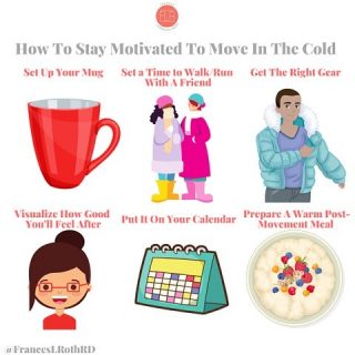 HOW TO STAY MOTIVATED IN THE 🥶 
OK, it’s only 12 degrees here friends. That’s pretty dang 🥶 Like nostrils freezing together cold. I get that it’s uncomfortable to be outside when it’s this freezing out and it just might not be your thing. BUT—there are some big benefits to getting outside, like a #mentalhealth boost 😁, which is key if you deal with #seasonalaffectivedisorder or SAD. 
I don’t 🏃‍♀️ outside every day when it’s cold, but I do have to walk 🐶 @latkethedoxie daily, so I bundle him up as well as myself. And I use the tips to #staymotivated to get outside ❄️ I posted a Reel in this last week and got great feedback, so I’m sharing more tips here:
❄️ Set up your hot drink ☕️ 🍵 before you head out so that it’s waiting for you when you come in
❄️ Make a date with a friend/neighbor to 🏃‍♀️ or walk outside. The time will go by much faster, promise 😁
❄️ The right 🧥 gear is essential! I used to work in an outdoor store in college and learned all about proper layering. Avoid cotton next to your skin—as soon as you sweat 😓 you will get cold! Look for wicking materials and shop those January sales! 🛍 
❄️ Visualize how 😊 you’ll feel after. this works! I do it all the time, especially when my energy is lagging—this works for all different goals. 💥 
❄️ Put it on your 📅 If you prioritize exercise like any other appointment, you are less likely to skip it! And it still allows for flexibility because you can move it to another day if you need to 👍
❄️ Fuel up with healthy comfort. Hot oatmeal with nuts & fruit, scrambled 🥚 & toast, overnight oats or a 🥯 with smoked 🍣 are all fantastic refueling options. And smoothies 🍌 too of course😉
Which of these helps YOU get out the door. I want to hear it! 👇 
#wintermotivation 
#winterfitness 
#healthhacks 
#seasonalaffectivedisorder 
#staymotivated 
#healthgoals 
#visualizesuccess 
#warmdrinks 
#fitnessbuddies 
#prioritizeyourself 
#coldweatherworkout