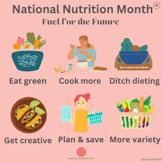 💚NATIONAL NUTRITION MONTH!💚
Yes, friends, it’s really time for nutrition and nutrition professionals to shine ✨ this month! And I 💚 that the theme this year from @eatright_pro is Fuel for the Future., which puts an emphasis on eating #sustainably 
Here are some ways you can do just that! 
Eat locally: It’s nearly spring 🌱 so grab that tote bag and head to your local #farmersmarket 
Cook more 👩‍🍳: Cooking for yourself isn’t just more affordable 💵, it’s a wonderful way to get in touch with appreciating your food and where it comes from (farms & 👩‍🌾) and also unwind
Ditch Dieting: Diets and deprivation are not sustainable 😔 Making choices that help you feel energized 💥 and support your health for years to come is the way to go! ✨ 
Get Creative: Sick of 🥗 and 🐔 As my friend @vanessarissettord and I were recently discussing, there are so many ways to eat healthy! Try some new recipes & ingredients this month! 😋😋😋
Plan & Save: food prices are way arrow ⬆️ making it even more important to plan meals, so that you’re using ingredients wisely 🦉 and not throwing food away. No need to prep everything! Try 3 meals/week 😁 check out @nicoleosinga_rd—she has a million #mealprep ideas! 
More variety 🌈: Getting folks to eat a more varied diet with the full spectrum of colors is why I wrote #eatingincolor. More color 🌈 = more flavor 😋 + more nutrients + feeling 😎 
Here’s to NNM and 🥰 what and how you eat! Which of the above will you be trying? 
#nationalnutritionmonth 
#eatrightpro 
#balancedeating 
#sustainablefood 
#wastelessfood 
#mealprep 
#morevariety 
#nutritionexpert 
#fuelforthefuture 
#feedyourbodyandsoul 
#cookmore 
#nodietshere 
#affordablerecipes 
#loveyourfarmer
#balancedlifestyle