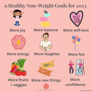 NON-WEIGHT LOSS GOALS FOR 2023
You’re surrounded by all the #detox and #keto hype right now—I know. I’m not here to tell you that you can’t have weight loss as a goal this year. But a better and more sane approach is to add more good stuff✨ to your life, which is what you’ll get with these 9  #feelgood goals 🤩 And these pleasurable goals may just move the needle for you when it comes to #losingweight. Either way, you’re guaranteed to have a more positive 👍2023 if you focus on:
😊 More Joy: As my friend @djblatner always says, “Joy is a nutrient!” So true—you’ve gotta get your daily dose to feel whole 
More Balance: Not just with your plate, but with your life. Too much work without rest will🔥 you out
More self ❤️: Self love can look like a lot of things. It can be self-care 🛁 or a workout 🏃‍♀️ or taking yourself to the movies 🍿 Or just treating yourself like your best friend would treat you 🤗 
More Energy ⚡️: who doesn’t want more of this? Invest in 😴, 👇 negative 💭 and comparisons to others. And FYI—getting more 💤 is a smart way to get to a healthy weight
More 😂: Stop #doomscrolling and spend time with friends or family. Swap dramas for comedies 🤣
More 🤩: I’m a serious person by nature, but when I can let go and act 🙃 like I got to do on our recent trip to @disney, I feel so much younger + present 
More fruits + veggies: Which ones? All of them! You’ll get more fiber + healthier gut + antioxidants + better skin 💕
🍇🥕 🥬 🍊 🫐🍓 🍎 🍐 🥝 🥗 
More “new” things: I don’t mean stuff, I mean experiences. Go to the 🎭 hike someplace new, or visit a state or country you’ve never been to. These are all great for your 🧠 
More Confidence: Please stop with negative #selftalk! I know it’s hard, but it chips away at your confidence, leaving you feeling like less than the amazing 🤩 person you are. Invest in clothes you feel good in, try a new💄 get Botox—do whatever makes YOU feel 💯 
So which #feelgood goal are you setting first? Tell me 👇 or DM me🤗 And grab my Self-Care guide at the link 👆 
#selfcaretips 
#selflove 
#selfconfidence 
#bettersleep 
#havemorefun 
#preventburnout 
#morejoy 
#eatmoreplants 
#getmoreenergy 
#sleepmatters