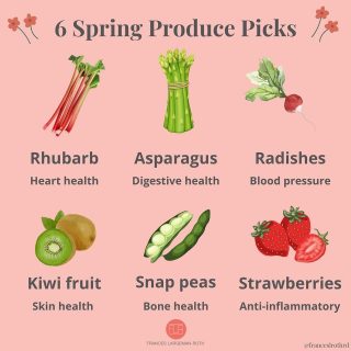 GET YOUR SPRING 🌸 ON
Grab that tote bag friends because it’s time to load up at the #farmersmarket or your local 🛒 store with these spring picks. They won’t be here for long, so get them while you can! They are 😋 and loaded with nutrients you need:
Rhubarb: anthocyanins provide the bright red color and👇 inflammation, helping prevent atherosclerosis and keep your ❤️ healthy. Try it in my Crostata recipe at the link arrow ⬆️ 
Asparagus: This fiber ⭐️ is one of my faves for recipes. It helps promote a #healthygut and provides folic acid for moms-to-be
Radishes: these beauties offer both calcium + potassium, which help regulate 🩸 pressure
🥝: One kiwi contains 71% of the vitamin c you need for the day! These little green gems help keep glowing by helping promote #collagen production ✨ 
Snap peas: So tasty and loaded with 54 mcg (68% DV) of vitamin K to help keep your 🦴 strong 💪 
🍓: Phoebe’s fave fruit provides a ton of vitamin C with nearly 90mg/cup, helping to keep skin healthy and ⬇️ #inflammation 
What’s your fave spring 🌸 pick? 
#springproduce 
#springfruit 
#springveggies 
#rhubarb 
#kiwi 
#asparagus 
#radish 
#saladseason 
#snappeas 
#bonehealth 
#strawberries 
#berrydesserts 
#nutritionexpert 
#vitaminsandminerals 
#antiinflammatorydiet 
#farmersmarket