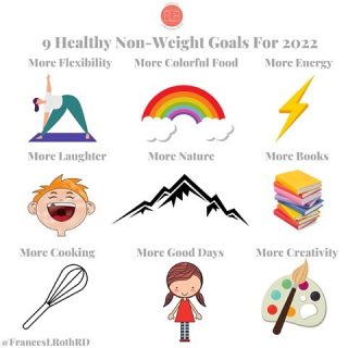 🌈NON-DIET GOALS FOR 2022! 🌈
You will be seeing a TON of diet messaging over the next 30 days (detoxes, cleanses, fasts, etc.) As an RDN who has practiced for over 20 years, I highly recommend you 🏃‍♀️ in the other direction when someone tries to sell you this 💩 
In 2022, I encourage you to look to people and practices that feed your soul. Which one of these activities inspires you? Tell me 👇 Personally, I plan to cook more, read more 📚 and keep getting out in nature 🏔 as a way to be healthy and 😊 in the New Year. 
Wishing you all great health and joy as the calendar 📅 changes tonight! 
#healthgoals 
#goalsfor2022 
#nondietapproach 
#dontfocusonweight 
#laughmore 
#eatmoreplants 
#eatingincolor 
#focusonflexibility 
#getcreative 
#cookmore 
#getoutsideandplay 
#onewithnature 
#getcentered 
#positivevibes 
#healthyandhappy
