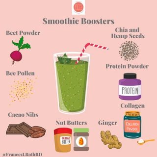 💚LEVEL UP YOUR SMOOTHIE! 💚
It is definitely prime smoothie season and your blender has probably taken up semi-permanent residence on your counter like mine has. That’s 😎 so let’s make the most of it! ✨ 
You know that it’s smart to include the following in your smoothie:
🥤 Fiber-Rich fruit 🍊 and veggies 🥕 
🥤Protein for satiety & 💪🏻 repair
🥤Healthy fat for satiety and flavor
Here are some other things you might want to add to boost your smoothie:
💚Chia + hemp seeds: fiber and healthy fat
💚protein powder: to help repair micro tears in muscle after a tough 🏋🏼‍♀️ 
💚collagen powder: Can help replace the collagen that’s lost as we age
💚beet powder: May help improve athletic performance and contains antioxidants 
💚cacao nibs: loaded with antioxidants and provide texture 😋
💚nut butters: add flavor and body & healthy fat & 🌱 protein
💚ginger: fights inflammation  and nausea
💚May provide an anti-inflammatory and immune strengthening benefit (avoid if you’re allergic to 🐝)
What’s your fave way to boost your smoothie? Tell me! 👇 
#smoothieseason 
#healthysmoothie 
#smoothiebooster 
#greensmoothie 
#beepollen 
#collagenpowder 
#beetpowder 
#cacaonibs 
#proteinpowder