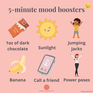 😁NEED A MOOD BOOST? 😁
Anyone need a mood or energy boost? I do! I’ve had sick 🤒 kiddos home for the last 2 weeks and now I’m feeling exhausted 🥱 and in need of caretaking myself. But when you’re a mom, you generally just have to keep on going. Sound familiar? 
If you can’t take a full day or even a few hours off, try these 5 Minute Mood Boosters! Save this post—you’ll need it at some point! 
🍫: No surprise here! Chocolate contains #theobromine, which is similar to caffeine, but provides a milder ⚡️ stimulant effect, and a temporary boost in 🧠 function, which helps you feel more alert 😁
☀️: There’s a reason why you feel better after even a few minutes in sunlight. Exposure to ☀️ releases the neurotransmitter #serotonin in the 🧠 which makes you feel 😊 
Jumping Jacks: As my pal @djblatner will tell you, jumping rope makes you feel 😎 in fact, short bursts of cardio are known to provide an anti-depressive effect. And while it’s a challenging cardio ❤️ workout, I bet you can do it for 5 minutes! 
🍌: Carbohydrates make you feel 😊 Why? They increase blood glucose, which helps you feel more alert and they also ⬆️ serotonin production, which helps ⬇️ anxiety. 🍌 make a perfect mood booster at any time of day
👯‍♀️: Calling (or even texting) a good friend is another way to boost your mood. When we feel alone, negative emotions can 🌀 out of control. Talking to someone who knows us well helps us lighten our mood and feel better. It’s also good for #brainhealth! 
Power Pose: Yes, it’s true! Standing with your hands on your hips, with your head up and chest out actually can boost your mood 💥 and confidence. So pretend you have a cape on and be that 🦸‍♀️ that you are! 
What do you do when you need an instant mood boost? ⚡️⚡️⚡️
#naturalmoodbooster 
#take5 
#theobromine 
#benefitsofchocolate 
#benefitsofexercise 
#carbsarelife 
#powerposes 
#jumpingjacks 
#socialconnection 
#moodboosters 
#tiredmom
#lifestylehacks 
#caffeinefreeenergy